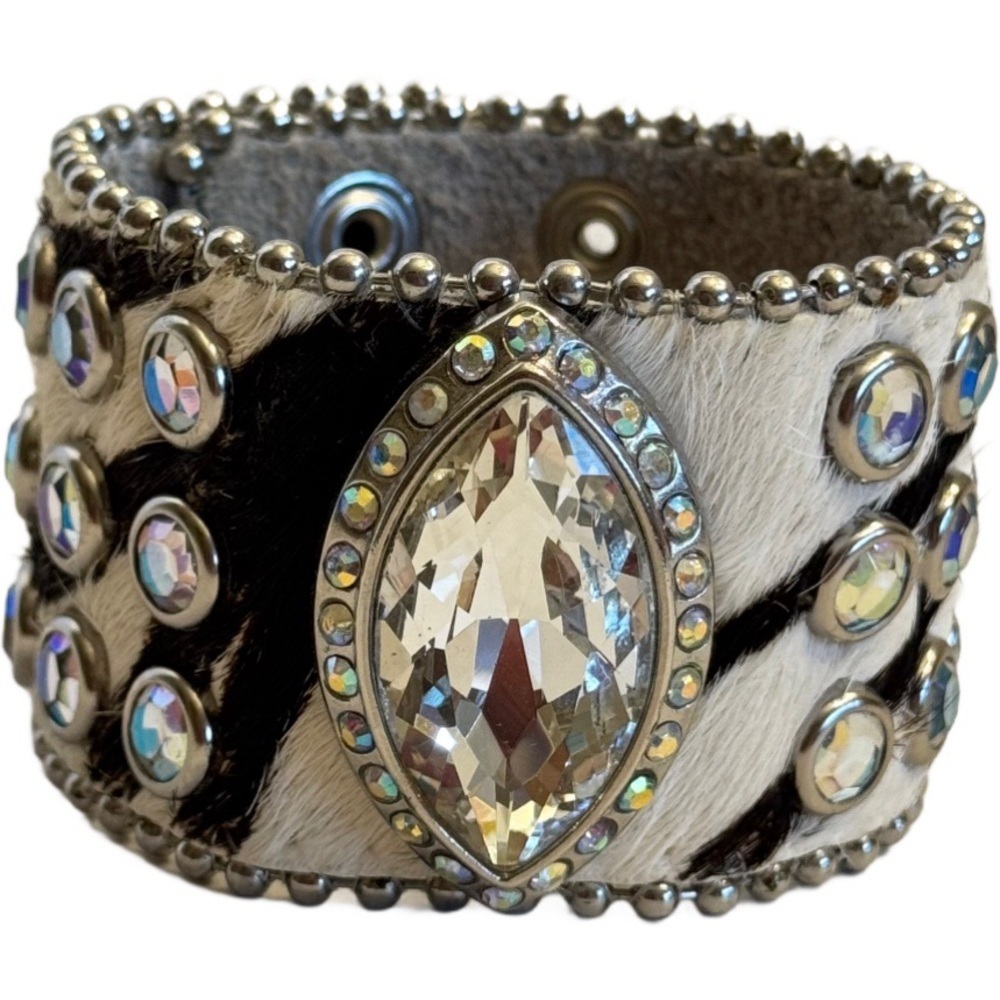 Crystal Rhinestones Cowhide Pony Hair Bling Bracelet Studs Cowgirl 7-8” Snap